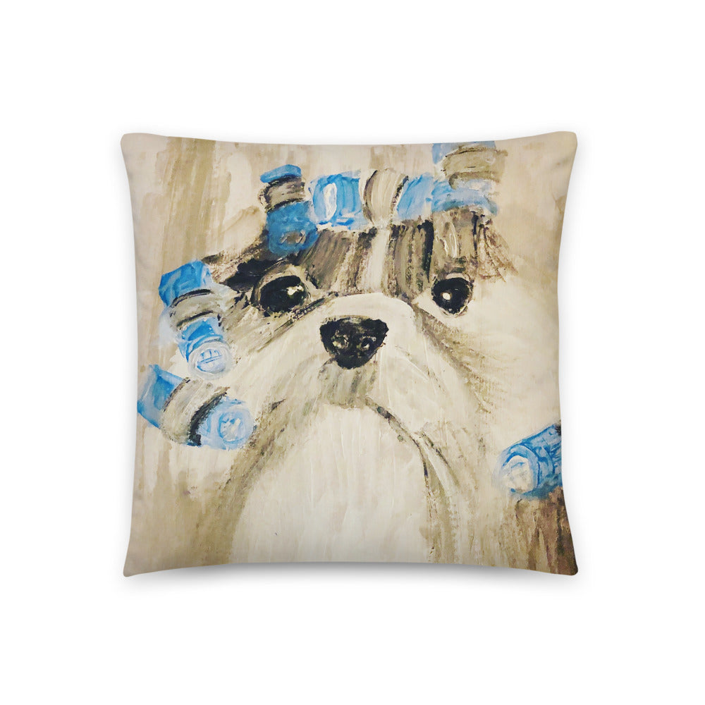Pillow Dog. with blue hair curler