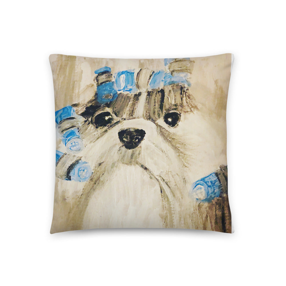 Pillow Dog. with blue hair curler