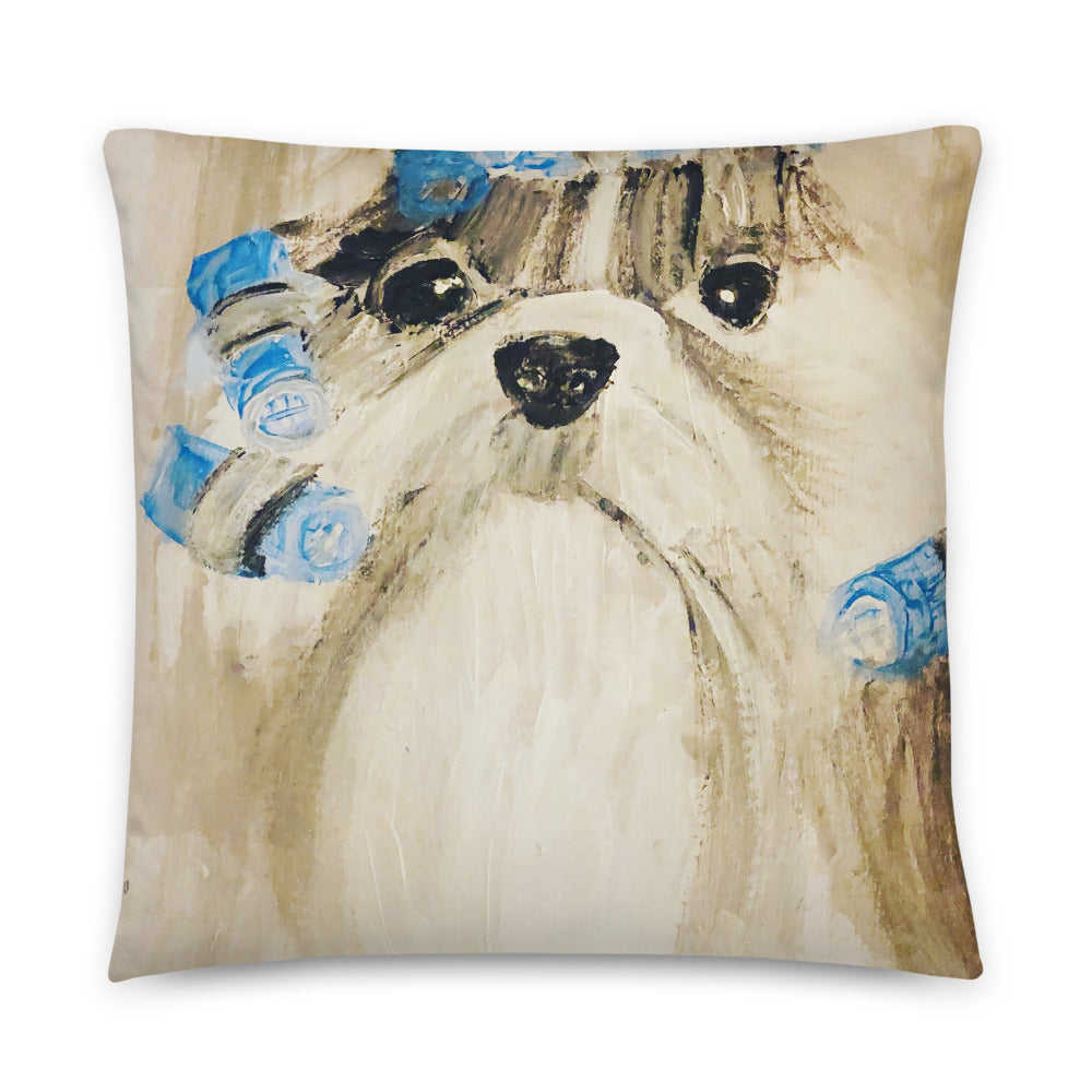 Pillow Dog. with blue hair curler